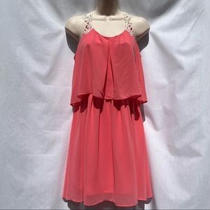 I.N. San Francisco Coral Pink Dress with BOHO Racerback Crochet Straps Size M